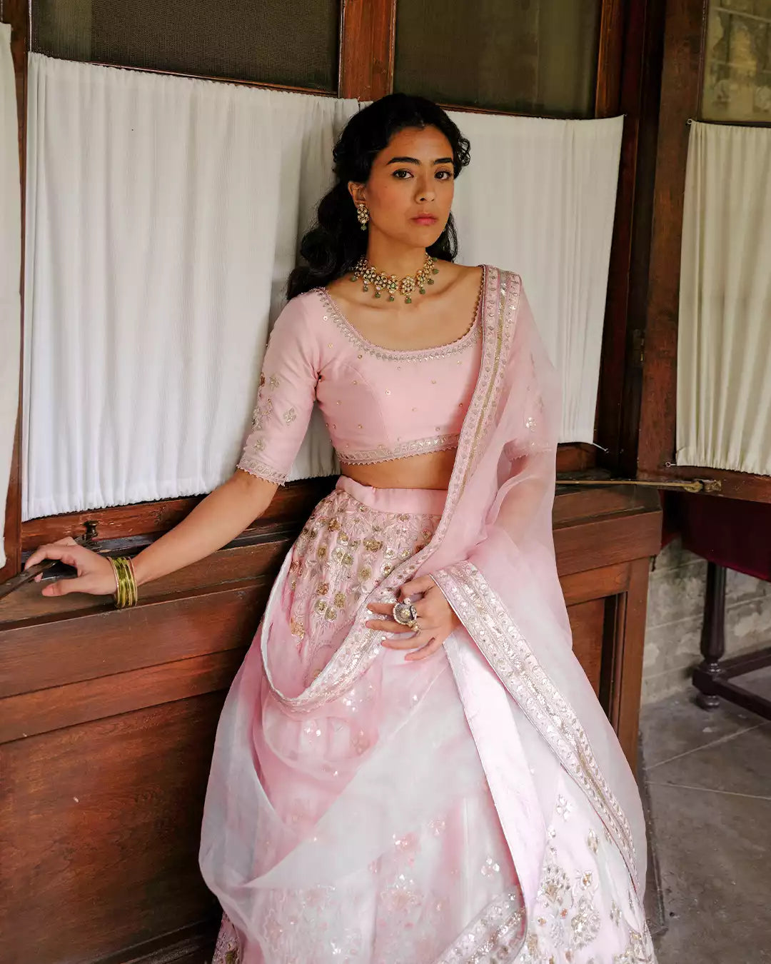 Itr Powder Pink Mayavee Silk Chanderi Lehenga