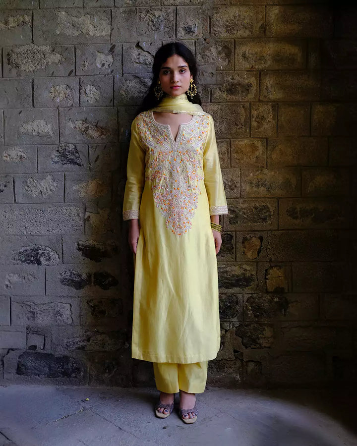 Kaagzi Yellow Bela Silk Chanderi Kurta Set