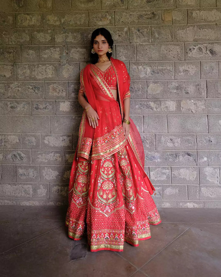 Kaafal Red Suryaani Silk Chanderi Lehenga