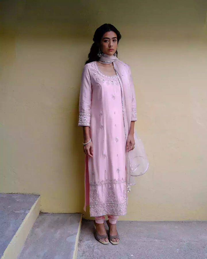 Itr Powder Pink Ahira Silk Chanderi Kurta Set