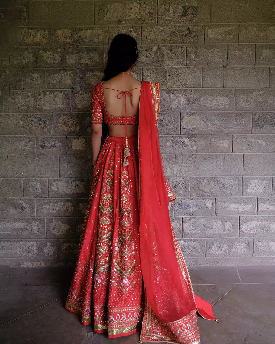 Kaafal Red Suryaani Silk Chanderi Lehenga