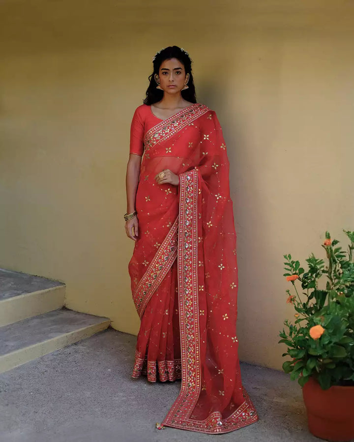 Kaafal Red Surmayi Silk Organza Saree