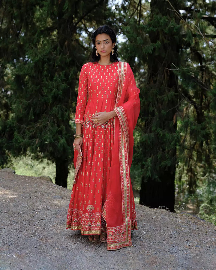 Kaafal Red Ahilya Silk Chanderi Anarkali