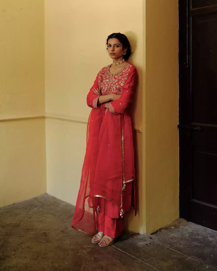 Kaafal Red Bela Silk Chanderi Kurta Set