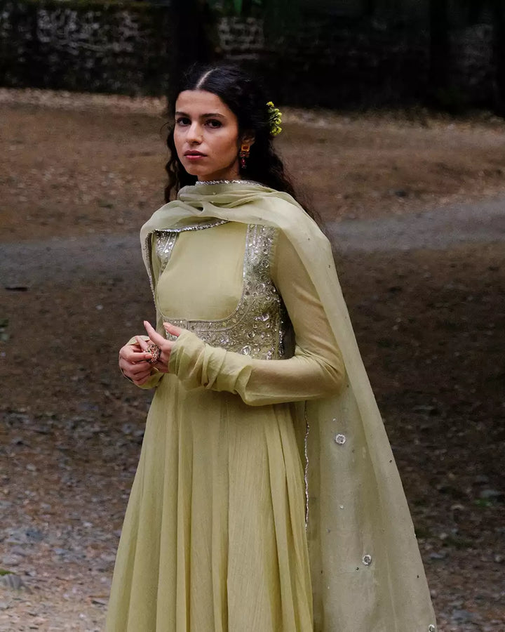 Angoori Green Aaruni Silk Chanderi Anarkali