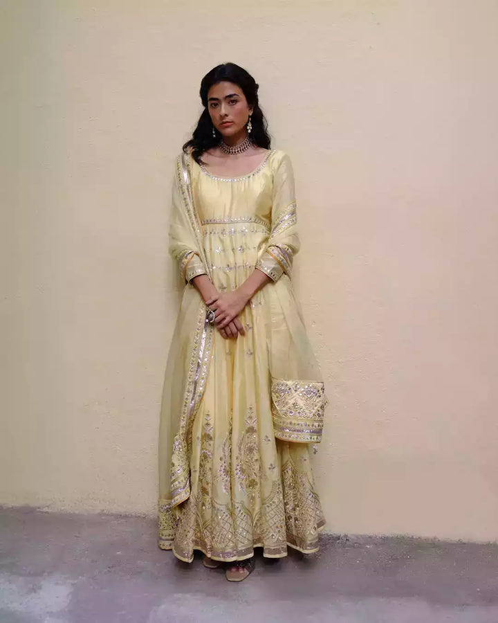 Kaagzi Yellow Pakhee Silk Chanderi Anarkali