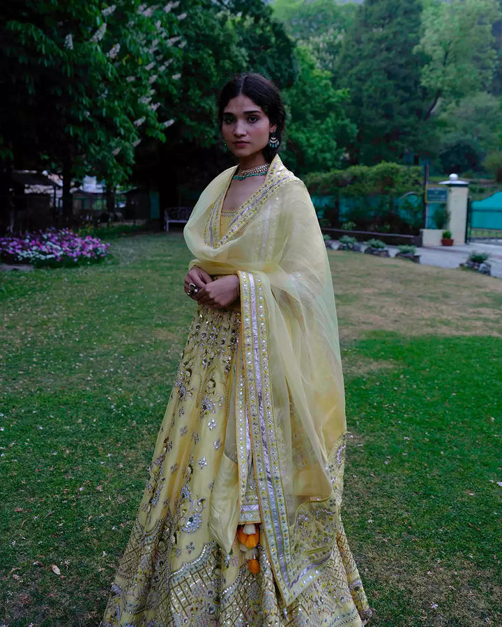 Kaagzi Yellow Mayavee Silk Chanderi Lehenga