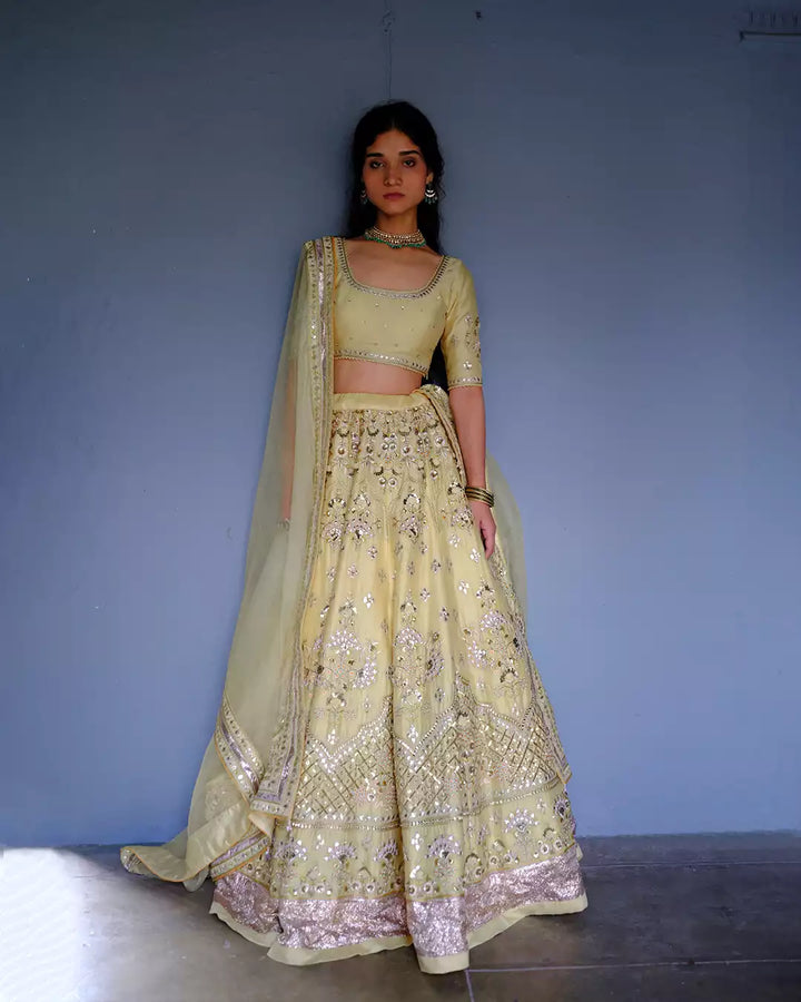 Kaagzi Yellow Mayavee Silk Chanderi Lehenga